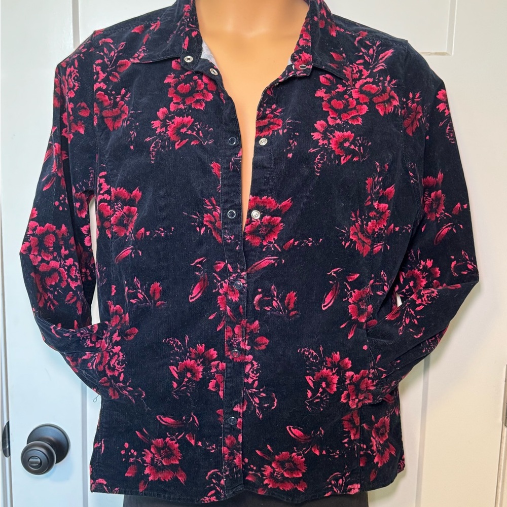 VTG90 Basic Editions Women Black Red Floral Corduroy Snap Up Shirt Jacket Size L